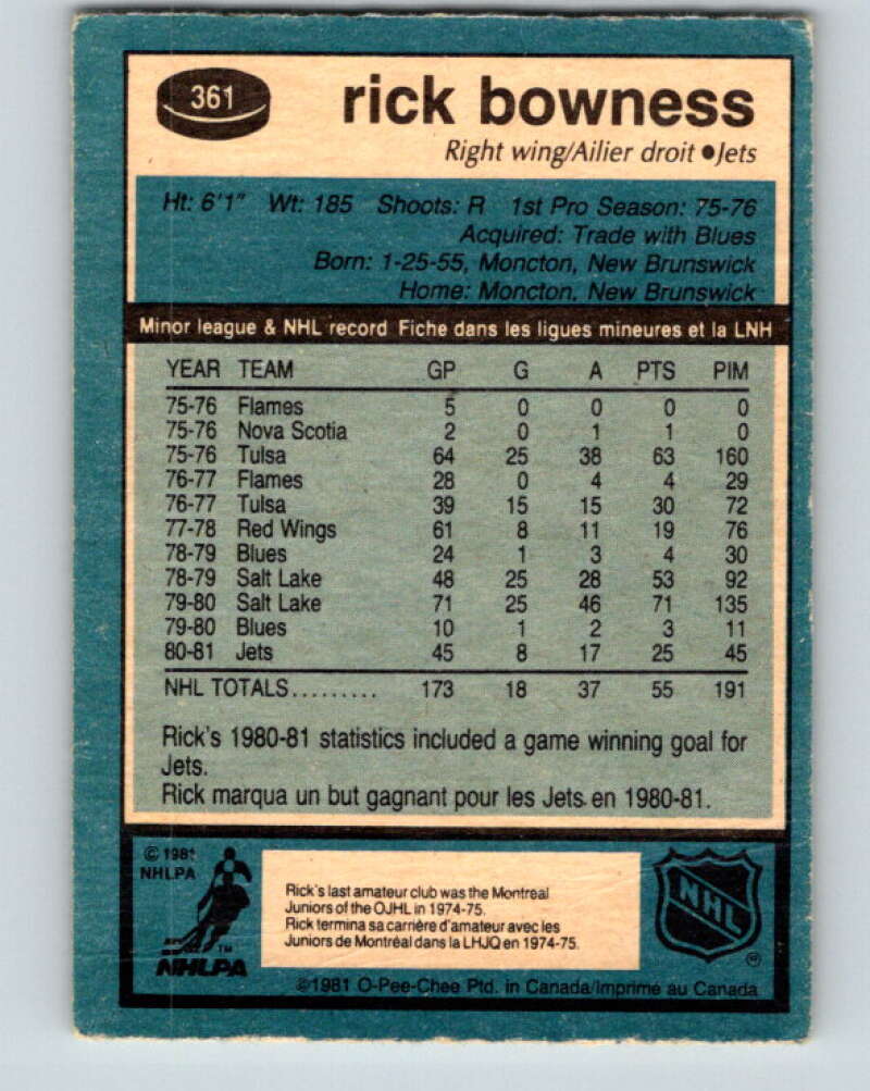 1981-82 O-Pee-Chee #361 Rick Bowness Winnipeg Jets V32046