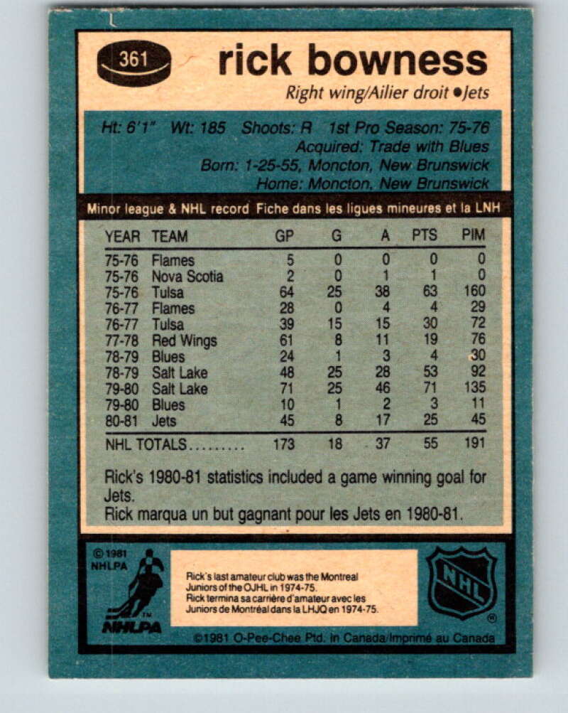 1981-82 O-Pee-Chee #361 Rick Bowness Winnipeg Jets V32048