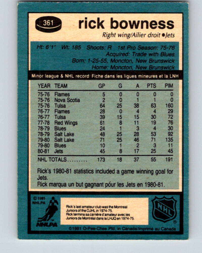 1981-82 O-Pee-Chee #361 Rick Bowness Winnipeg Jets V32049