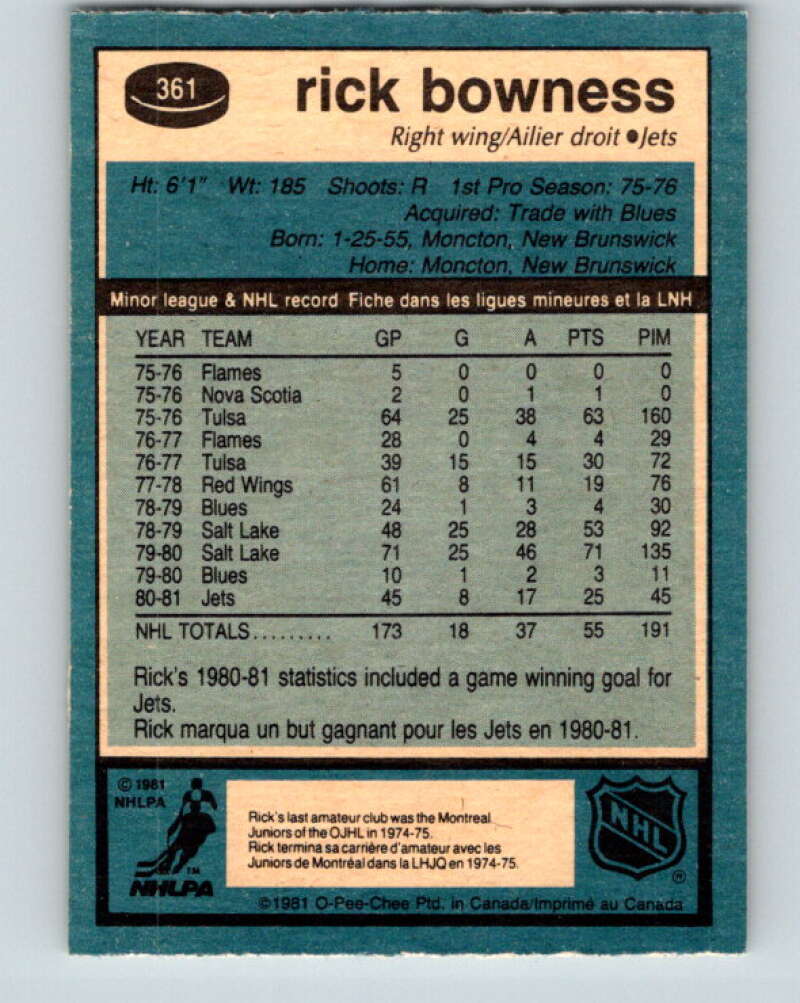 1981-82 O-Pee-Chee #361 Rick Bowness Winnipeg Jets V32051