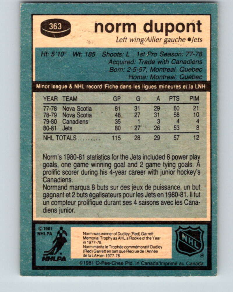 1981-82 O-Pee-Chee #363 Norm Dupont RC Rookie Winnipeg Jets V32064