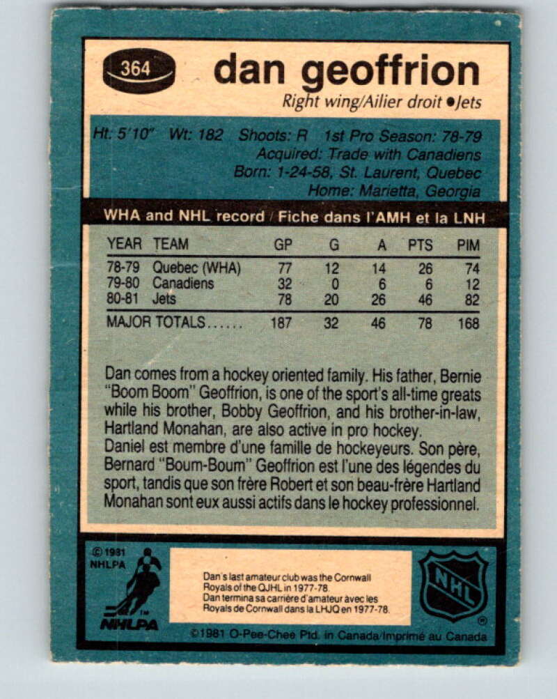 1981-82 O-Pee-Chee #364 Dan Geoffrion RC Rookie Winnipeg Jets V32069