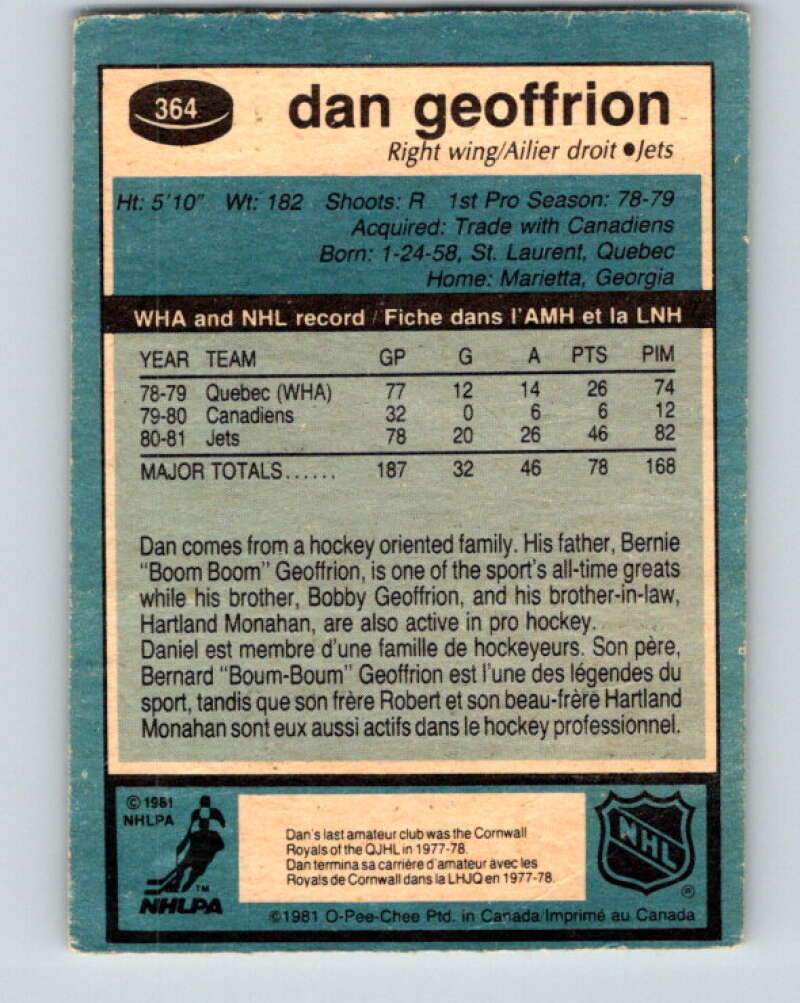 1981-82 O-Pee-Chee #364 Dan Geoffrion RC Rookie Winnipeg Jets V32070