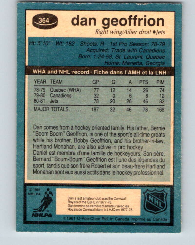 1981-82 O-Pee-Chee #364 Dan Geoffrion RC Rookie Winnipeg Jets V32073