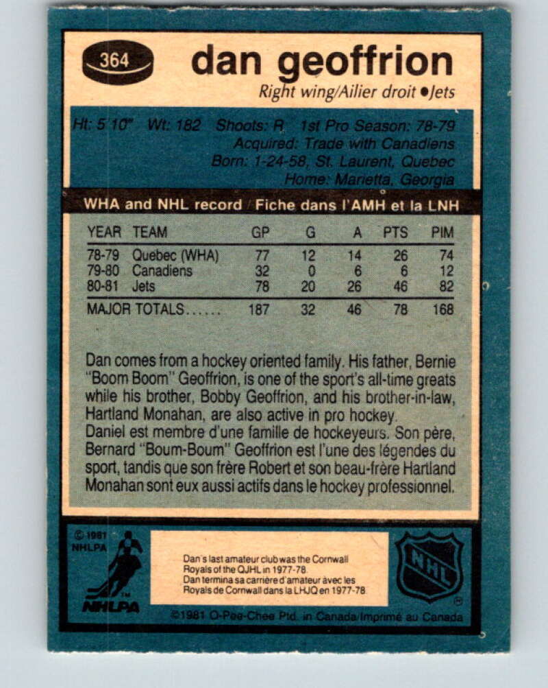 1981-82 O-Pee-Chee #364 Dan Geoffrion RC Rookie Winnipeg Jets V32074