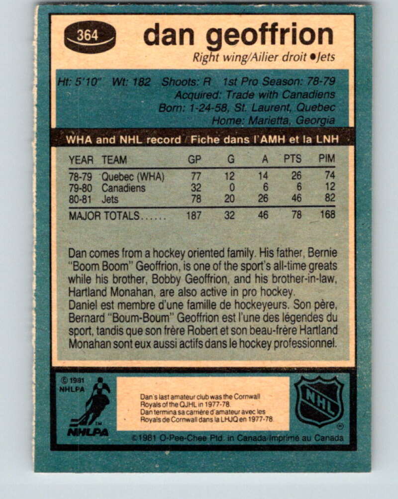 1981-82 O-Pee-Chee #364 Dan Geoffrion RC Rookie Winnipeg Jets V32075
