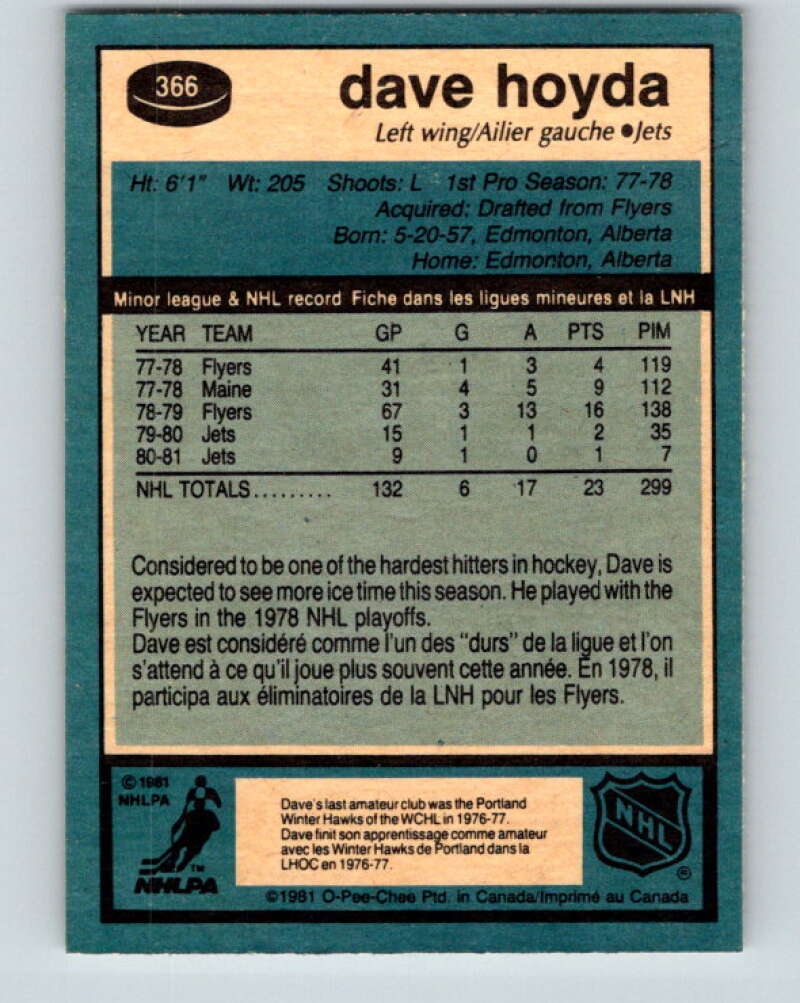 1981-82 O-Pee-Chee #366 Dave Hoyda UER Winnipeg Jets V32085