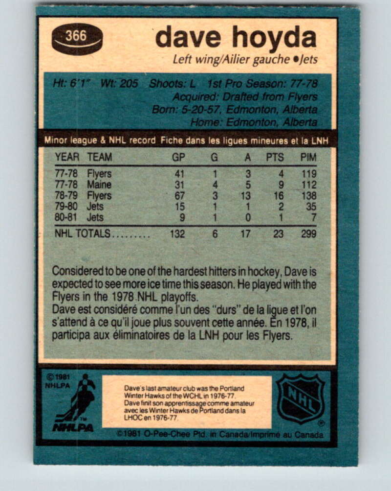 1981-82 O-Pee-Chee #366 Dave Hoyda UER Winnipeg Jets V32086