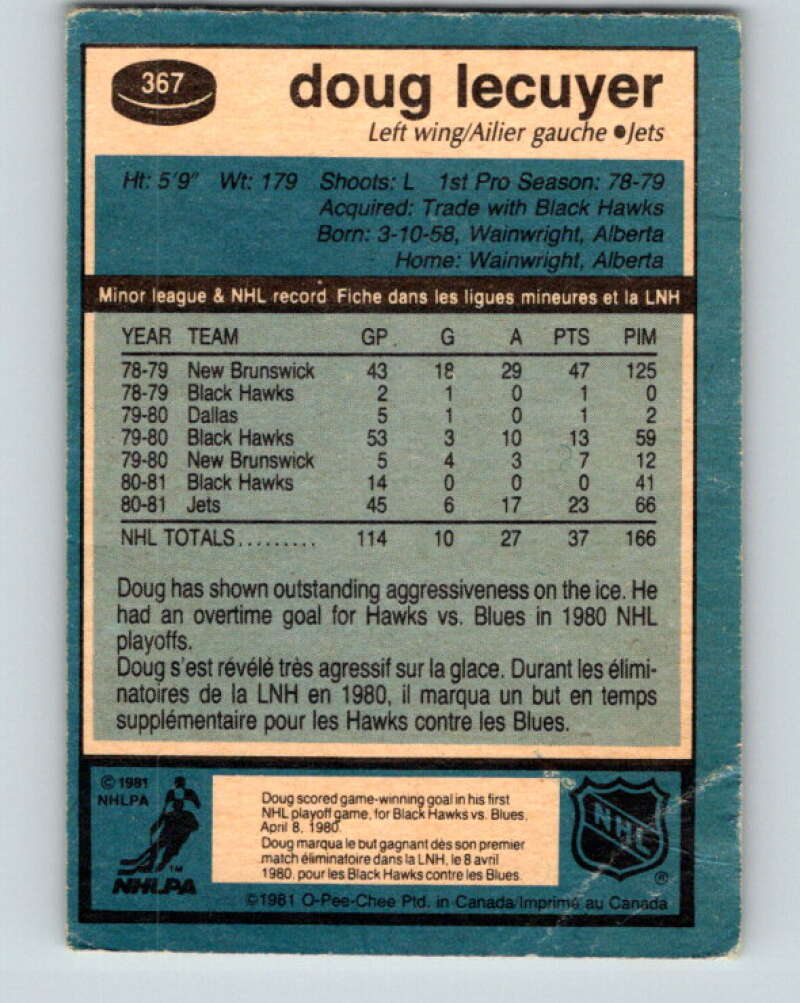 1981-82 O-Pee-Chee #367 Doug Lecuyer RC Rookie Winnipeg Jets V32096