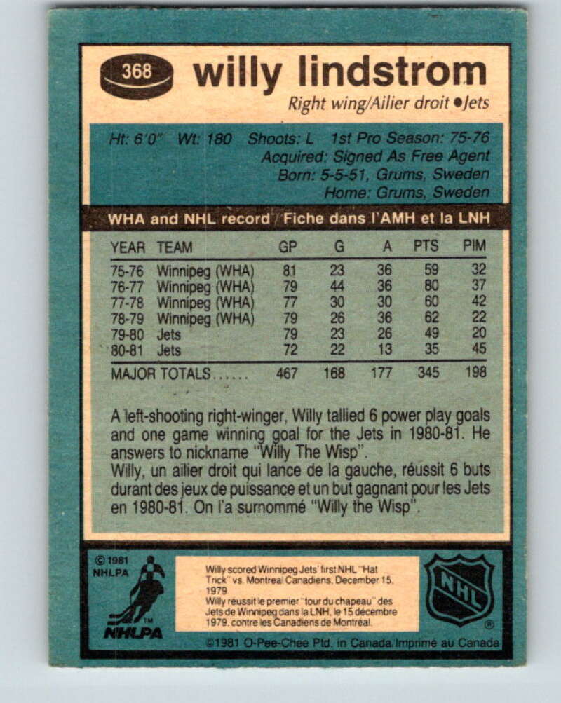 1981-82 O-Pee-Chee #368 Willy Lindstrom Winnipeg Jets V32100