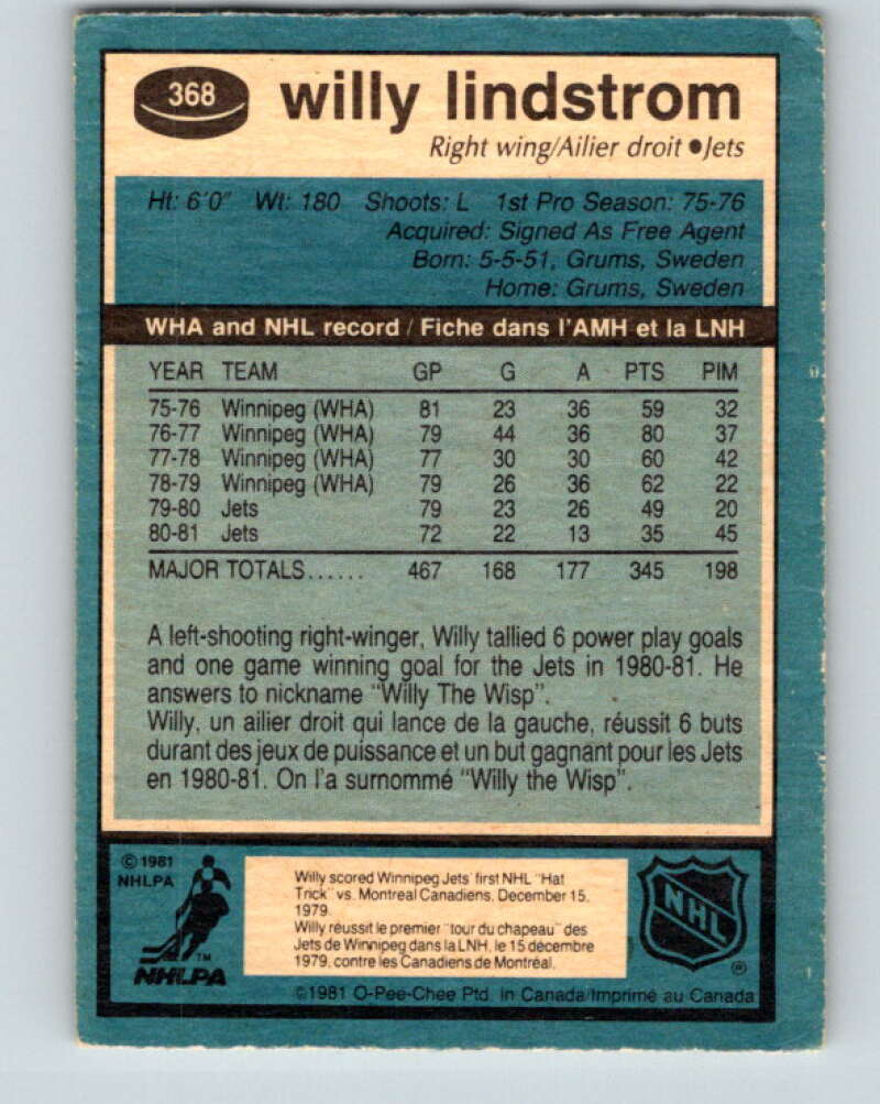 1981-82 O-Pee-Chee #368 Willy Lindstrom Winnipeg Jets V32102