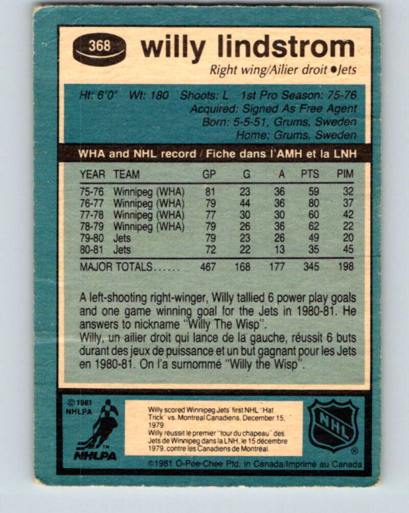 1981-82 O-Pee-Chee #368 Willy Lindstrom Winnipeg Jets V32103