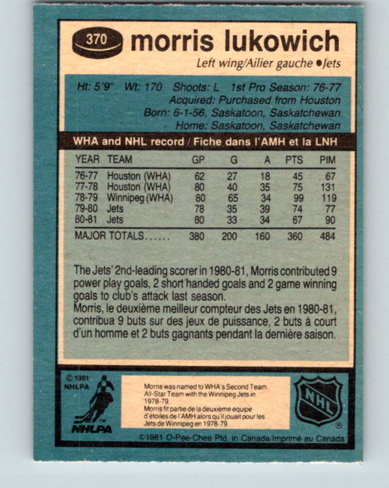 1981-82 O-Pee-Chee #370 Morris Lukowich Winnipeg Jets V32110