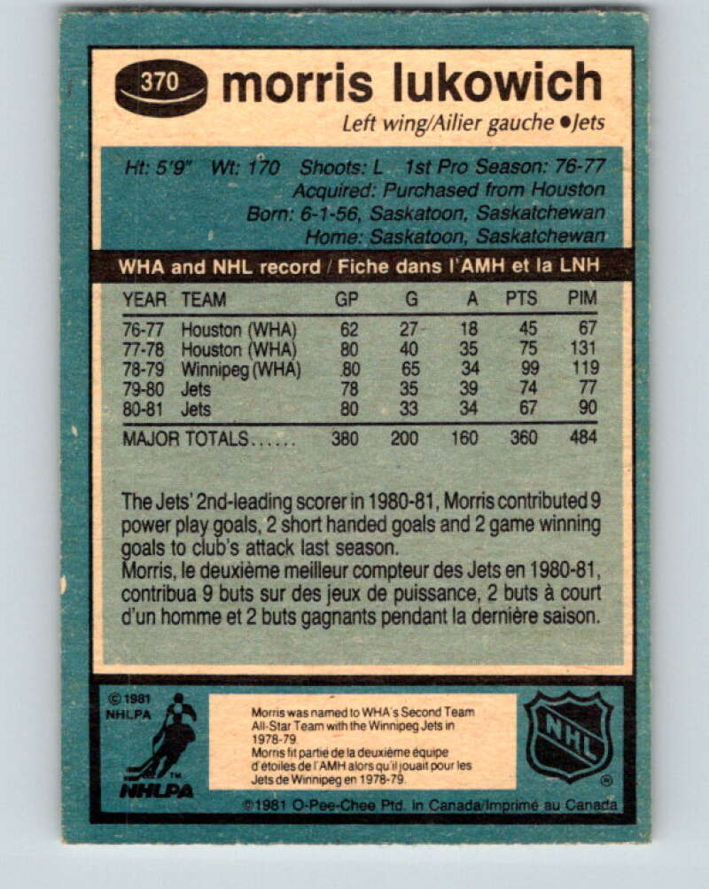1981-82 O-Pee-Chee #370 Morris Lukowich Winnipeg Jets V32111