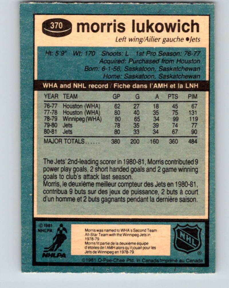 1981-82 O-Pee-Chee #370 Morris Lukowich Winnipeg Jets V32113