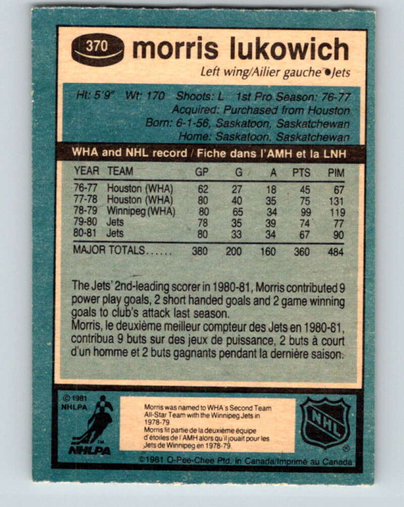 1981-82 O-Pee-Chee #370 Morris Lukowich Winnipeg Jets V32114