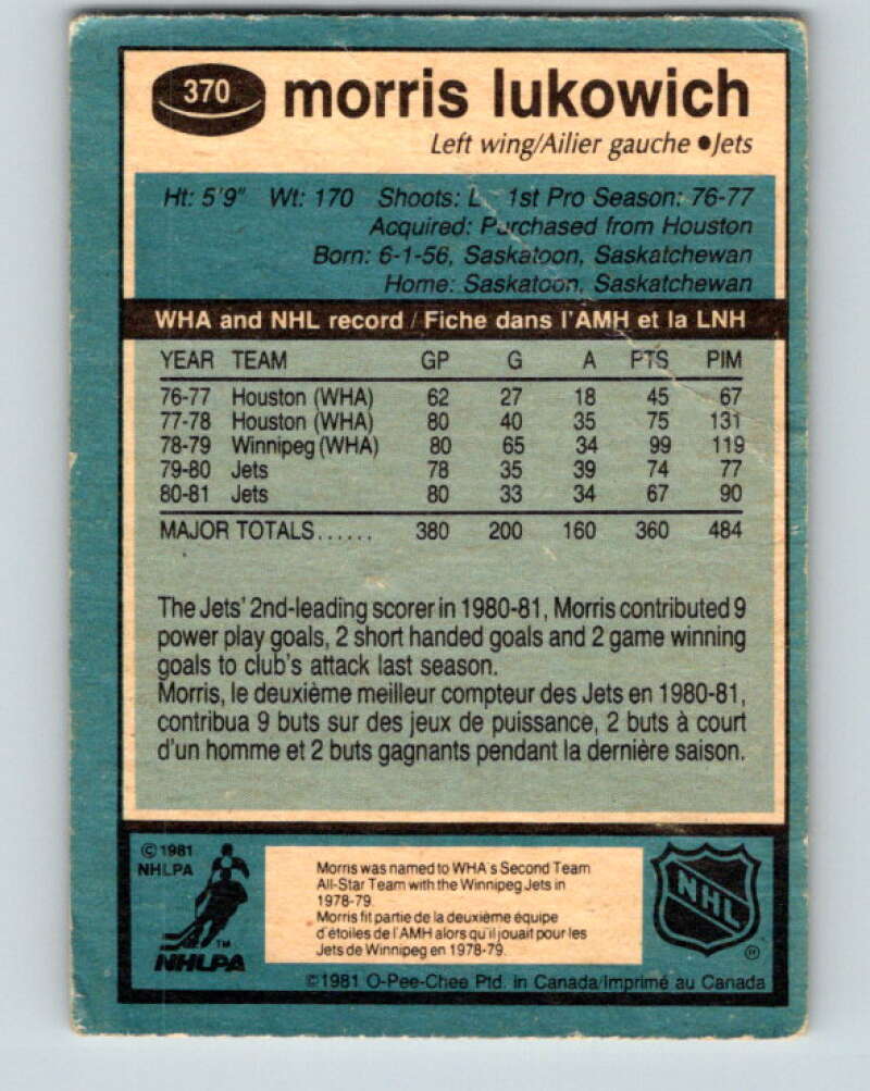 1981-82 O-Pee-Chee #370 Morris Lukowich Winnipeg Jets V32115