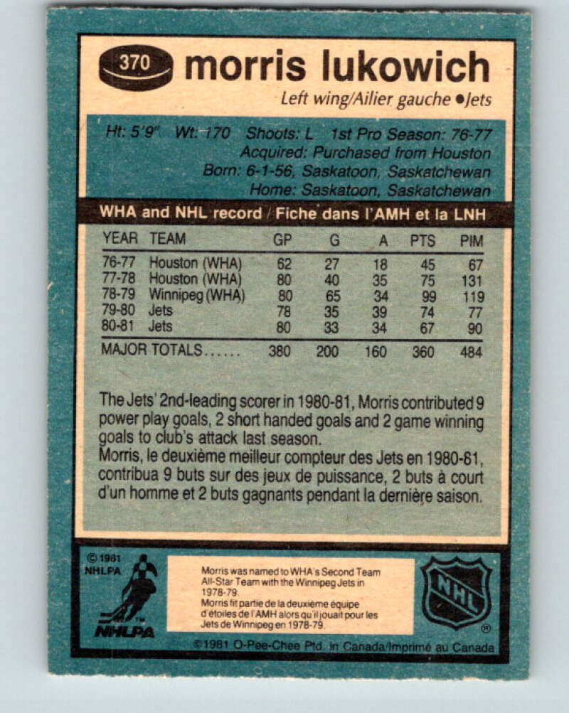 1981-82 O-Pee-Chee #370 Morris Lukowich Winnipeg Jets V32116