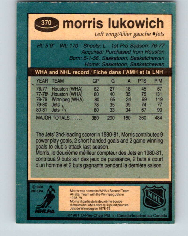 1981-82 O-Pee-Chee #370 Morris Lukowich Winnipeg Jets V32117