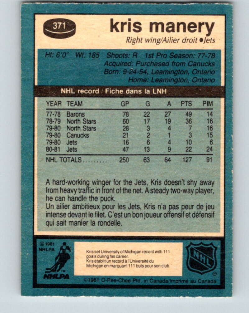 1981-82 O-Pee-Chee #371 Kris Manery Winnipeg Jets V32118