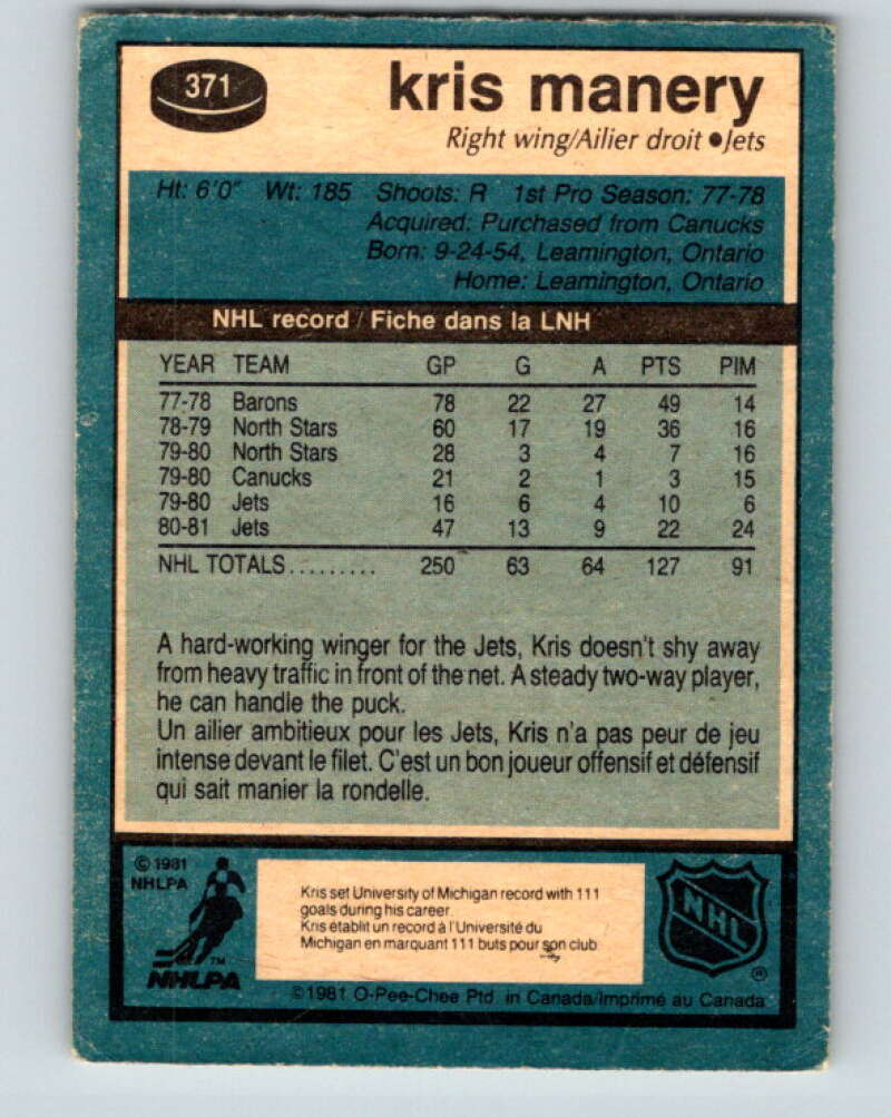1981-82 O-Pee-Chee #371 Kris Manery Winnipeg Jets V32119