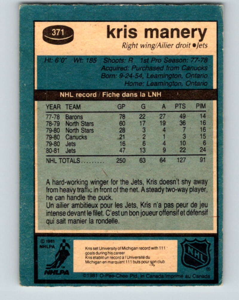 1981-82 O-Pee-Chee #371 Kris Manery Winnipeg Jets V32121