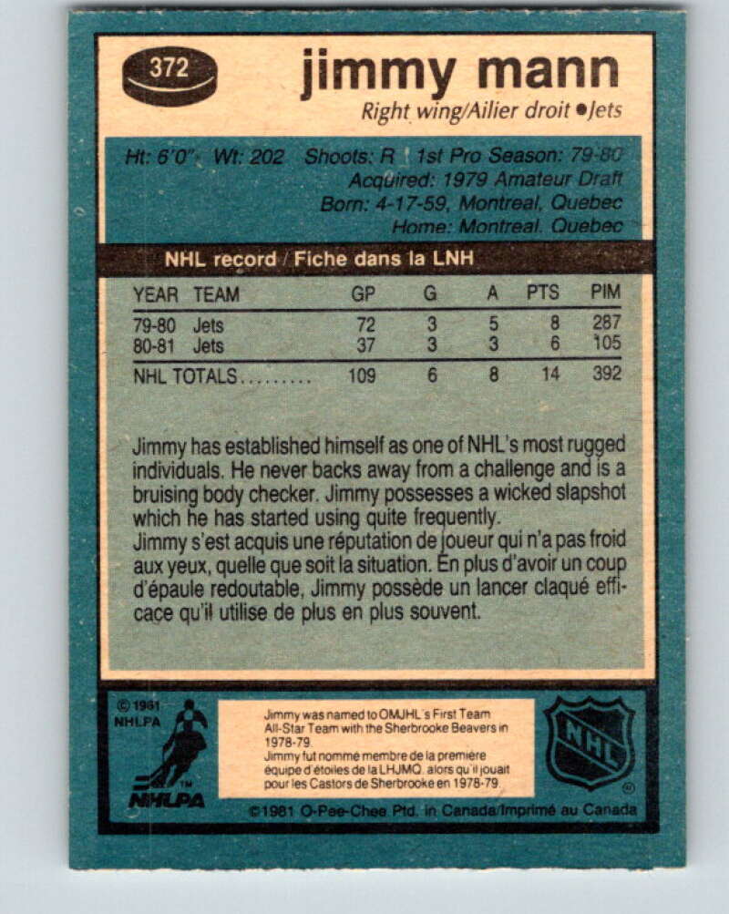 1981-82 O-Pee-Chee #372 Jimmy Mann Winnipeg Jets V32130