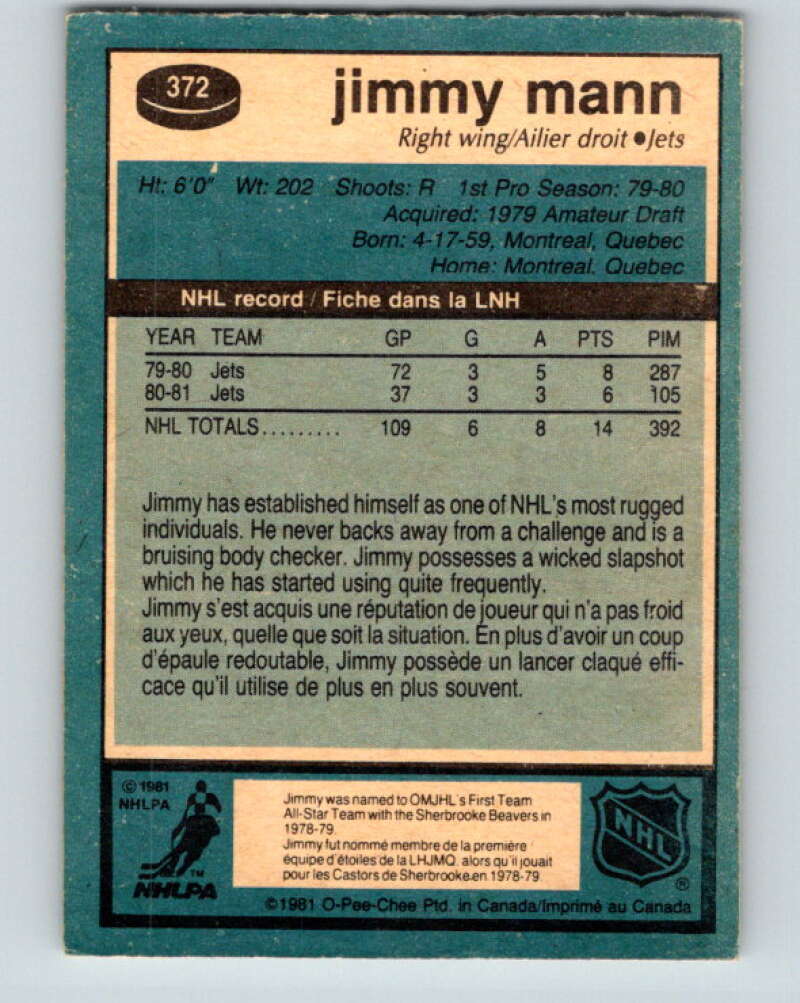1981-82 O-Pee-Chee #372 Jimmy Mann Winnipeg Jets V32133