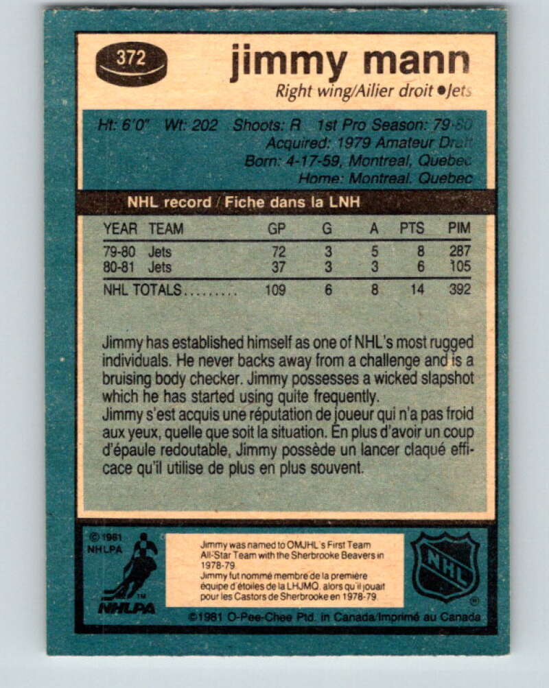 1981-82 O-Pee-Chee #372 Jimmy Mann Winnipeg Jets V32135
