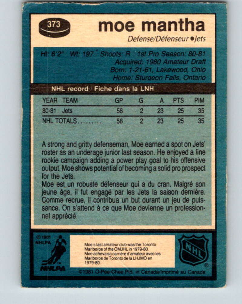 1981-82 O-Pee-Chee #373 Moe Mantha RC Rookie Winnipeg Jets V32136