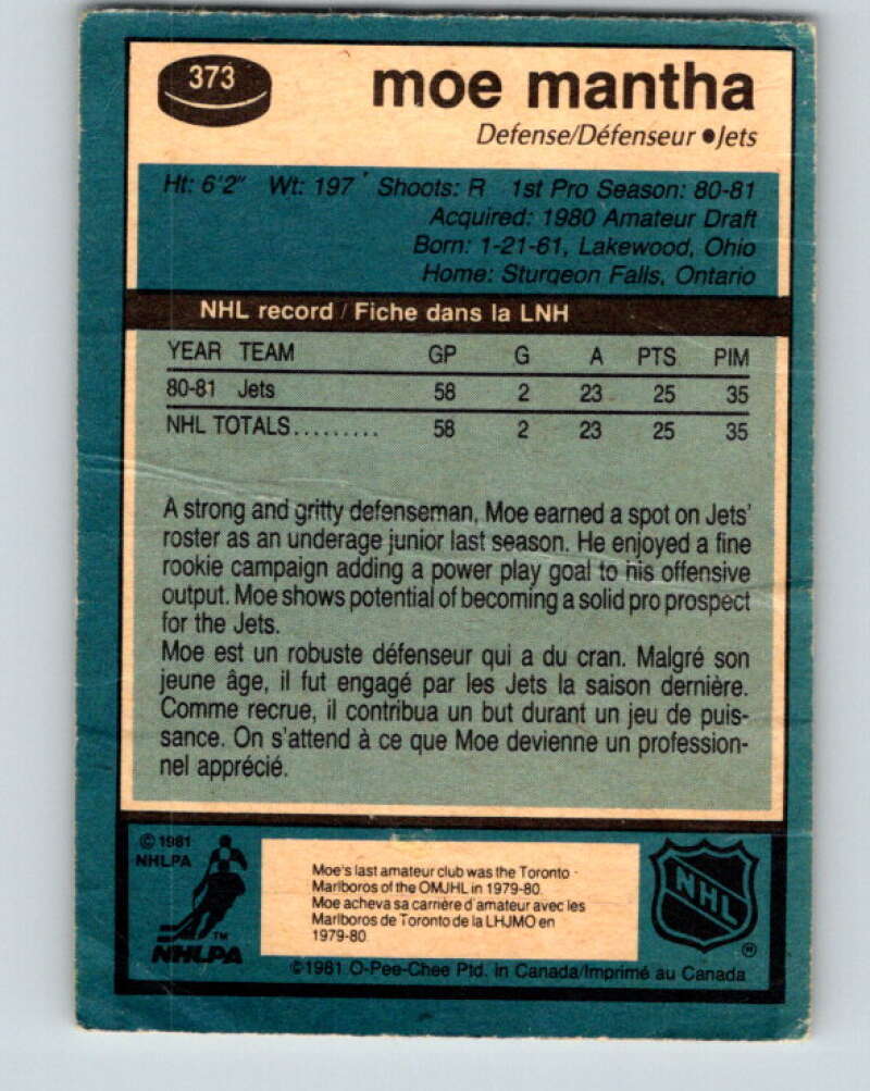 1981-82 O-Pee-Chee #373 Moe Mantha RC Rookie Winnipeg Jets V32138