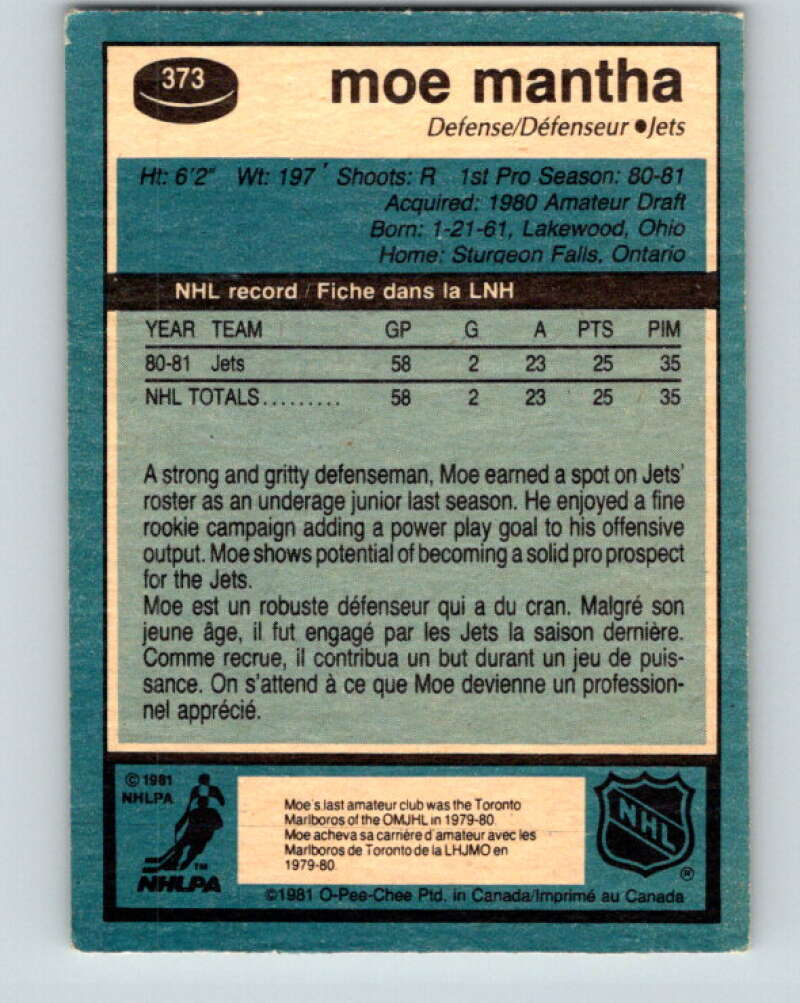 1981-82 O-Pee-Chee #373 Moe Mantha RC Rookie Winnipeg Jets V32140