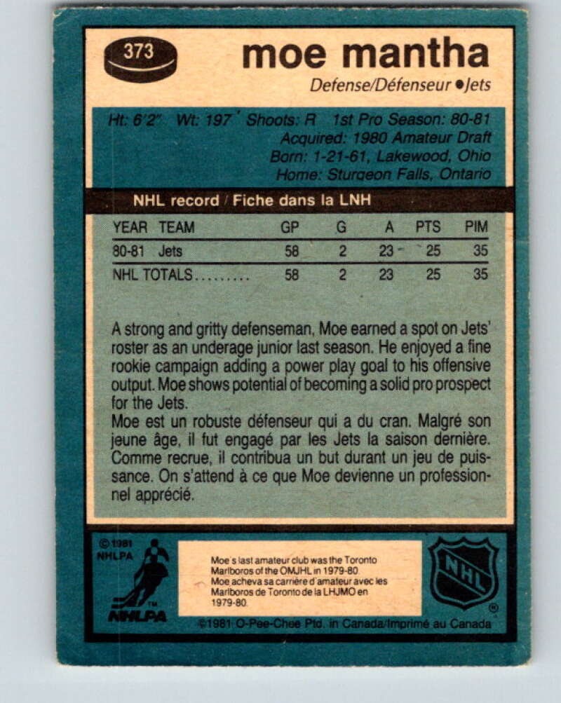 1981-82 O-Pee-Chee #373 Moe Mantha RC Rookie Winnipeg Jets V32141