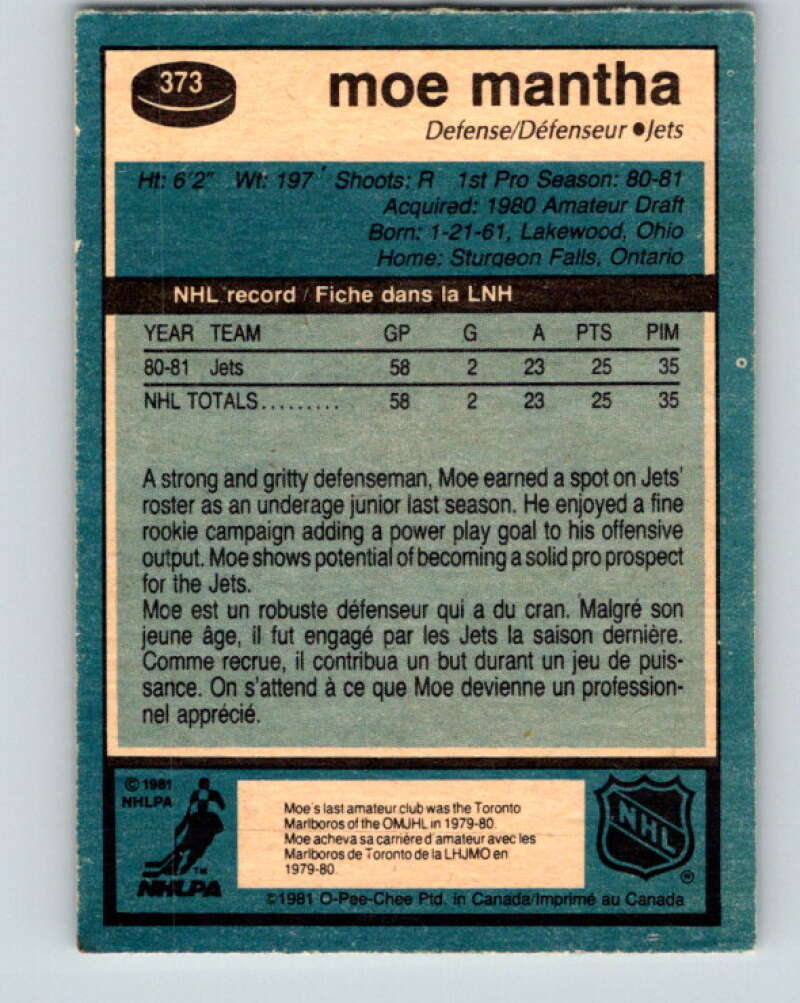 1981-82 O-Pee-Chee #373 Moe Mantha RC Rookie Winnipeg Jets V32142