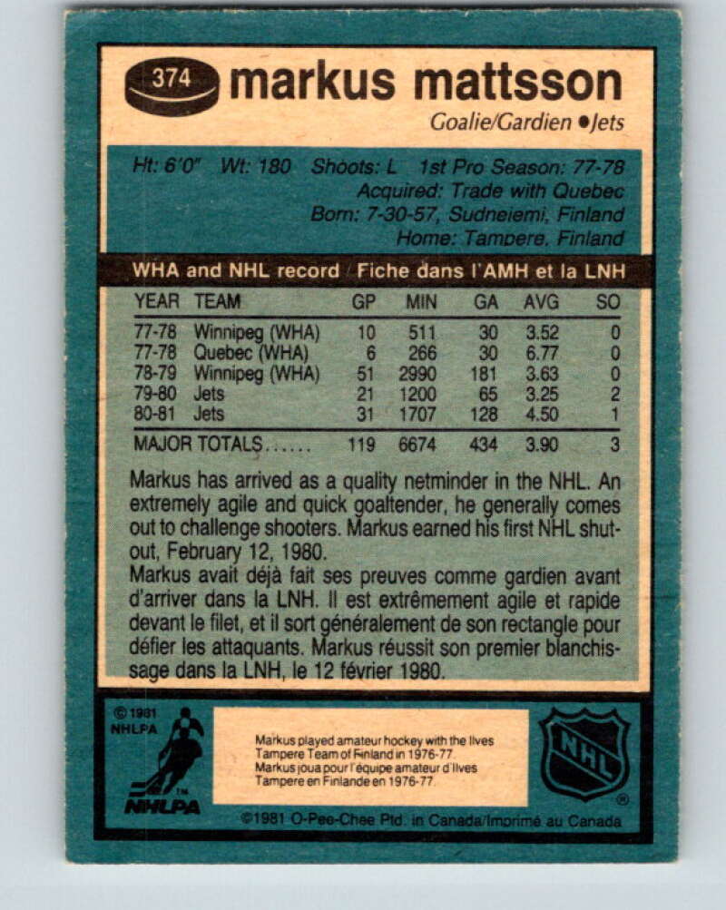 1981-82 O-Pee-Chee #374 Markus Mattsson Winnipeg Jets V32144