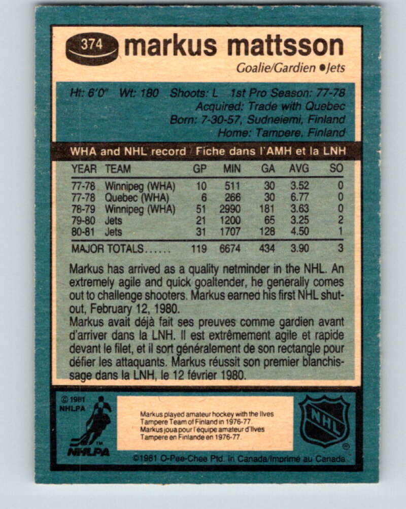 1981-82 O-Pee-Chee #374 Markus Mattsson Winnipeg Jets V32146