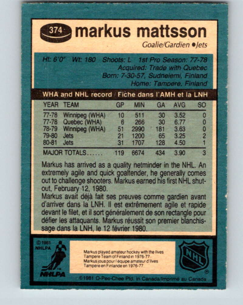 1981-82 O-Pee-Chee #374 Markus Mattsson Winnipeg Jets V32149