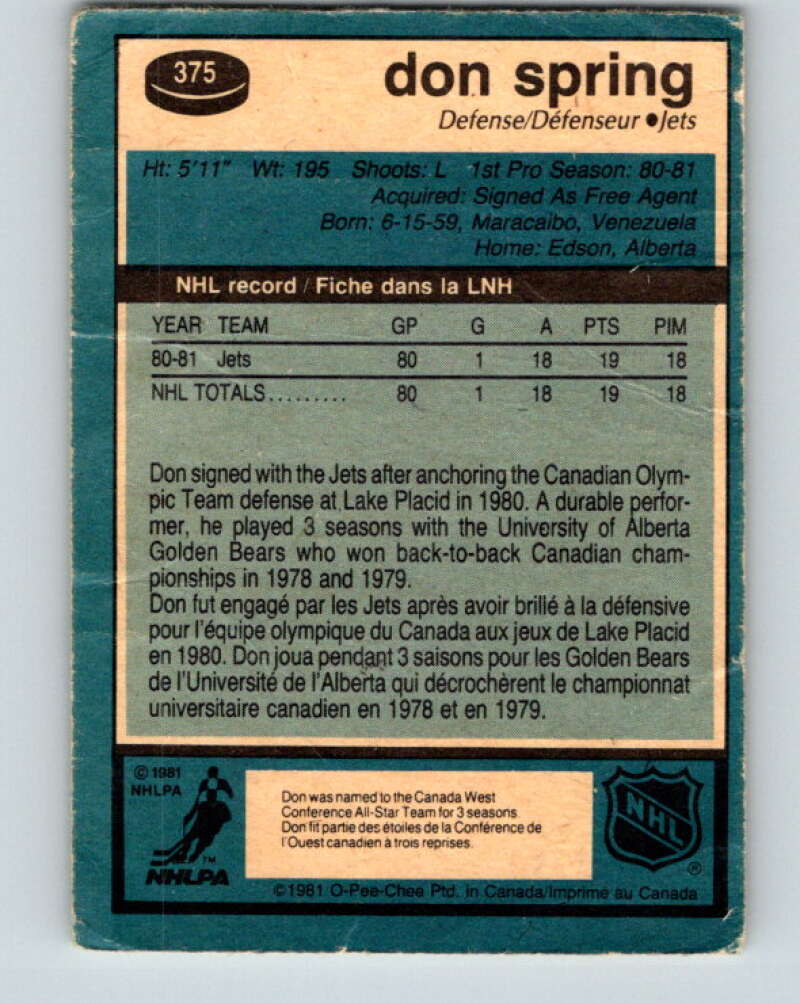 1981-82 O-Pee-Chee #375 Don Spring RC Rookie Winnipeg Jets V32150