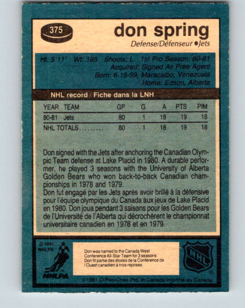 1981-82 O-Pee-Chee #375 Don Spring RC Rookie Winnipeg Jets V32151