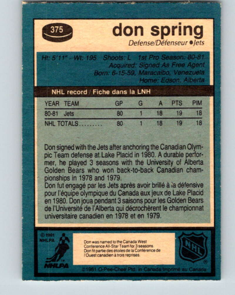 1981-82 O-Pee-Chee #375 Don Spring RC Rookie Winnipeg Jets V32152