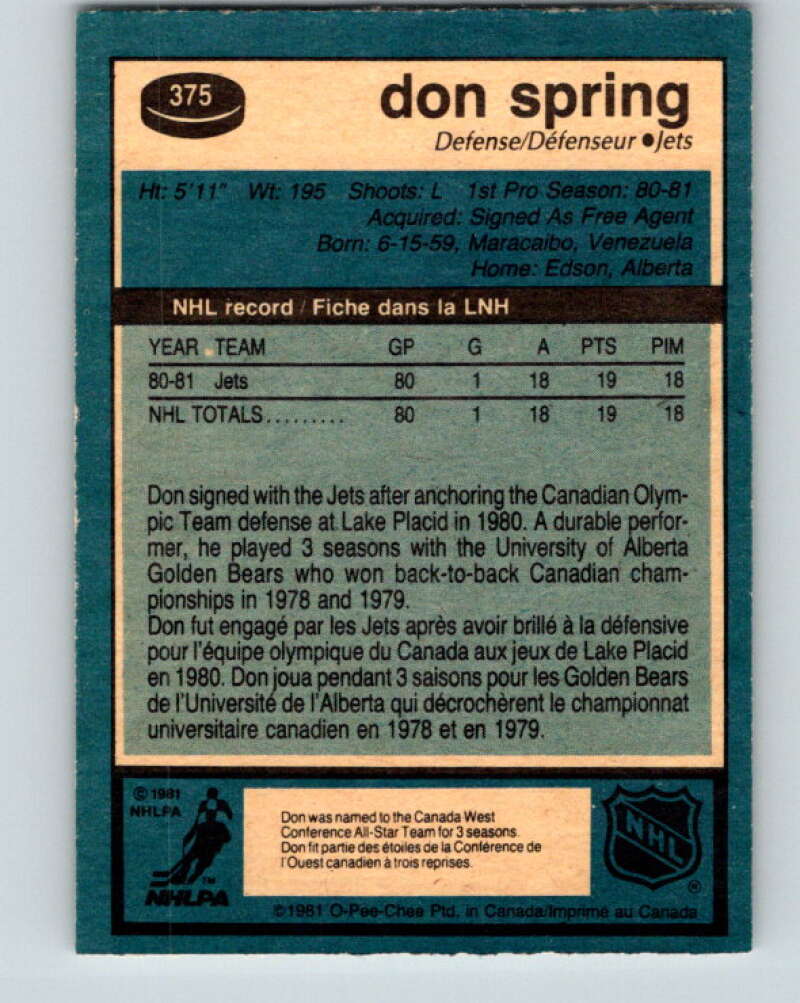 1981-82 O-Pee-Chee #375 Don Spring RC Rookie Winnipeg Jets V32153