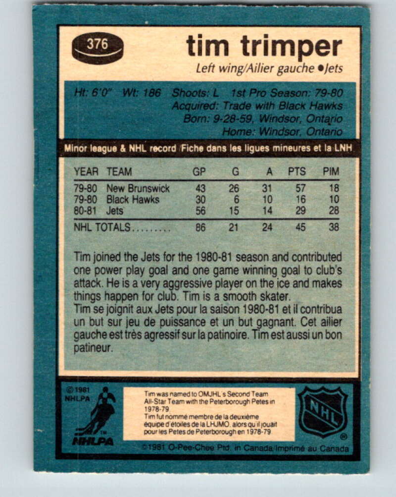 1981-82 O-Pee-Chee #376 Tim Trimper Winnipeg Jets V32155