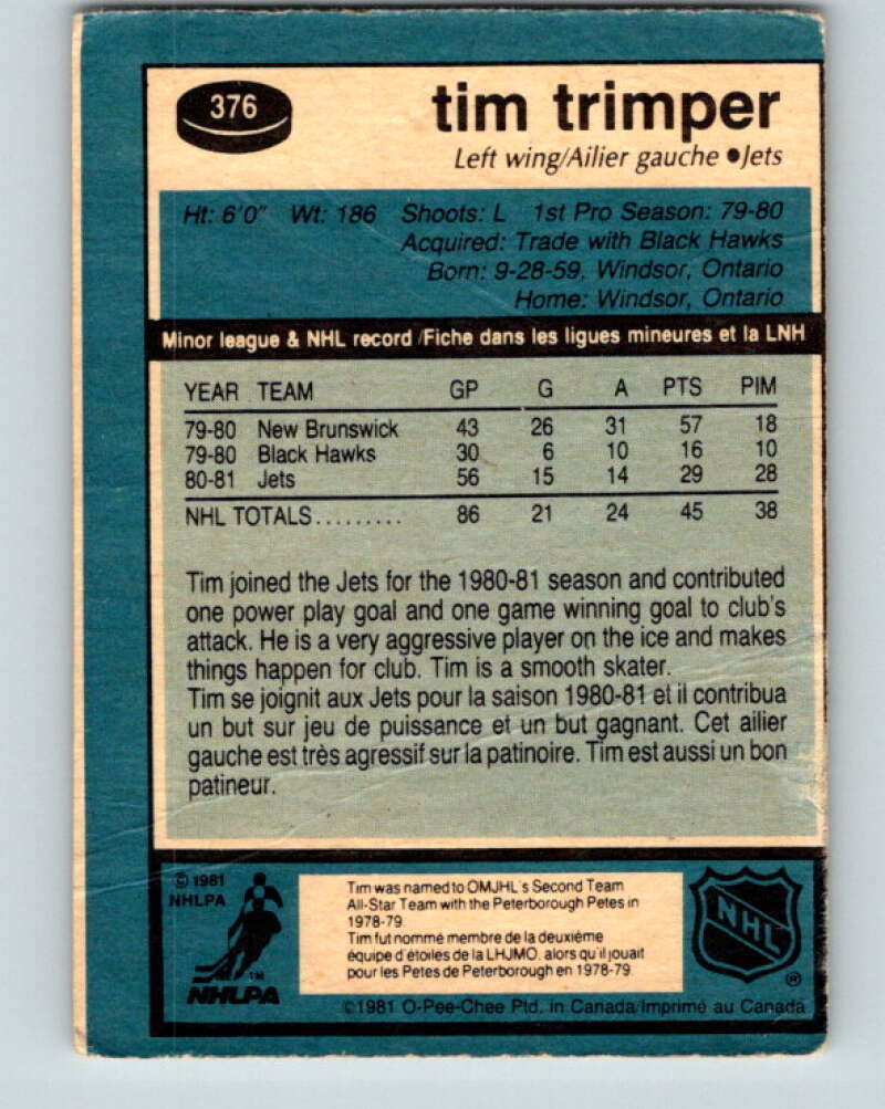 1981-82 O-Pee-Chee #376 Tim Trimper Winnipeg Jets V32157
