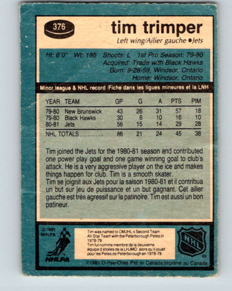 1981-82 O-Pee-Chee #376 Tim Trimper Winnipeg Jets V32158