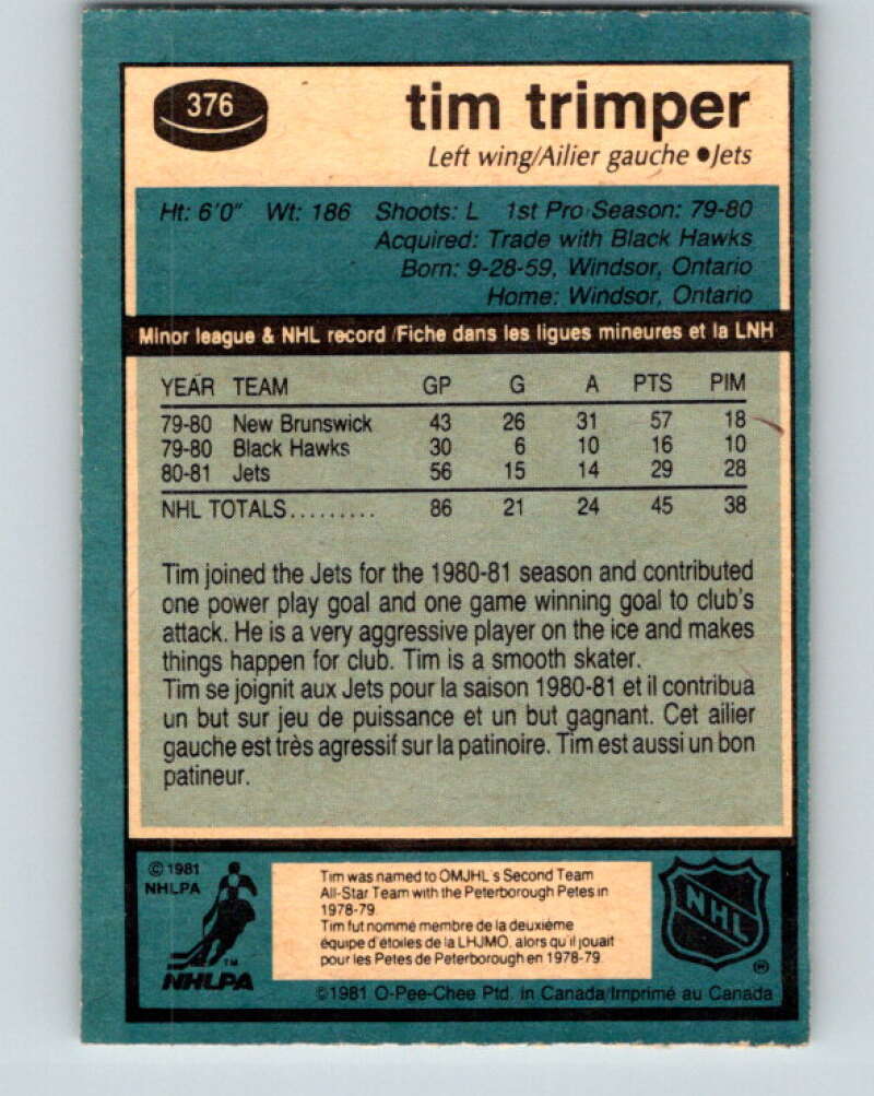 1981-82 O-Pee-Chee #376 Tim Trimper Winnipeg Jets V32159