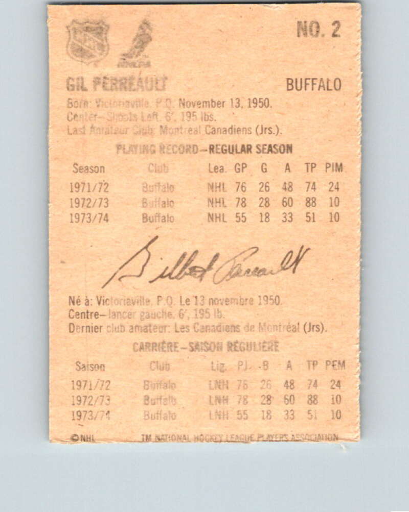 1974-75 Lipton Soup #2 Gilbert Perreault Buffalo Sabres V32164