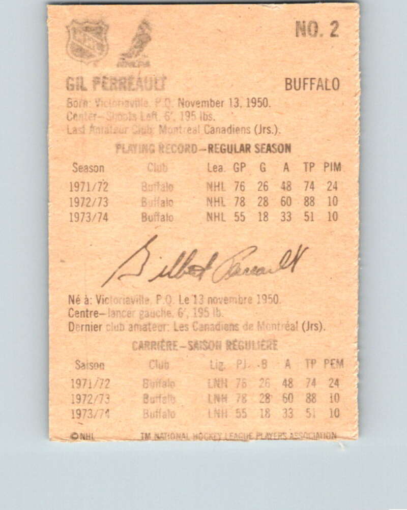1974-75 Lipton Soup #2 Gilbert Perreault  Buffalo Sabres  V32164