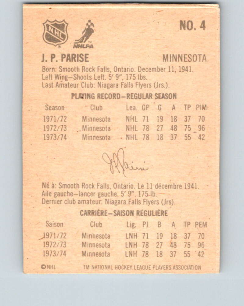 1974-75 Lipton Soup #4 J.P. Parise Minnesota North Stars V32170