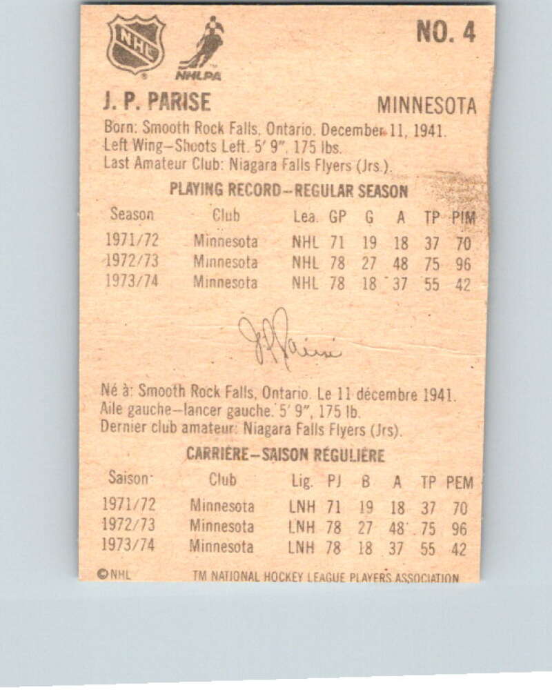1974-75 Lipton Soup #4 J.P. Parise Minnesota North Stars V32171