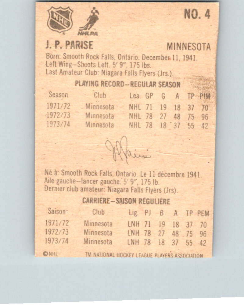 1974-75 Lipton Soup #4 J.P. Parise  Minnesota North Stars  V32171